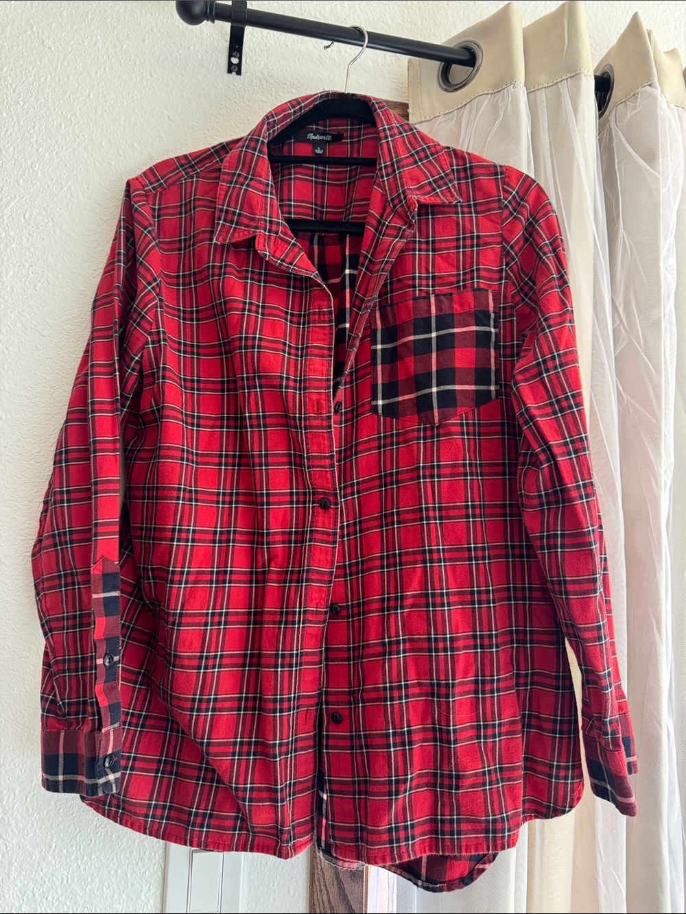 Madewell Red Black Plaid Button-Up Blouse
